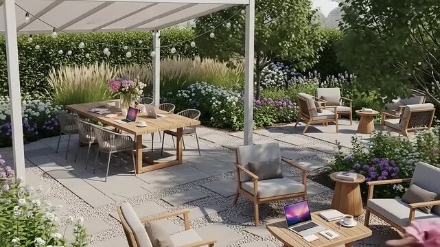 Beautiful outdoor patio with dining table and seating areas.