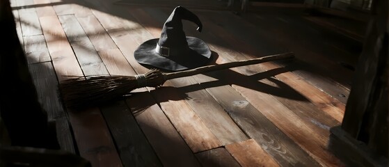 Witch's hat and broomstick, a concept on magic, Halloween, and enchantment.
