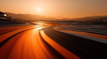 Race track curves into sunset with orange hues and mountain silhouette