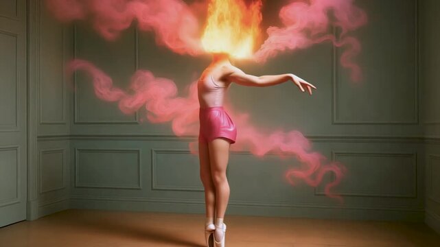 Ballerina with blazing head twirls through empty studio, fire ballerina sends sparks around calm walls, swirling smoke crowns fire ballerina moves while bold fire ballerina defies fear. 
