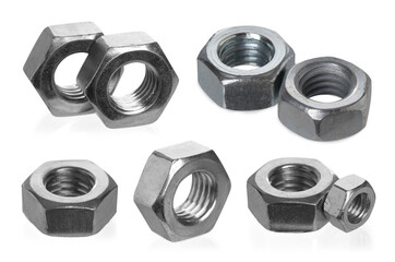 Different hex metal nuts isolated on white, set