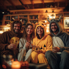 Halloween Family Gathering with Friends in Costumes, Generative AI

