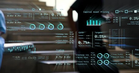 presenter stepping to mic reading finance figures floating charts showing growth, team celebrating - Powered by Adobe