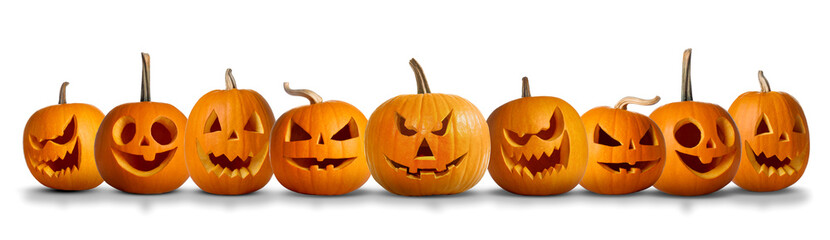 Pumpkins with spooky carved faces on white background. Halloween decoration