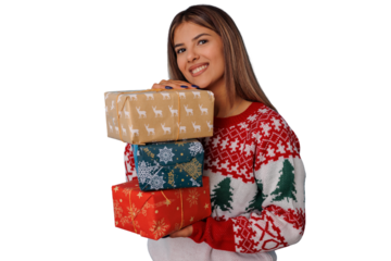 Happy woman in christmas sweater receiving holiday gifts, celebrating season of giving with festive presents