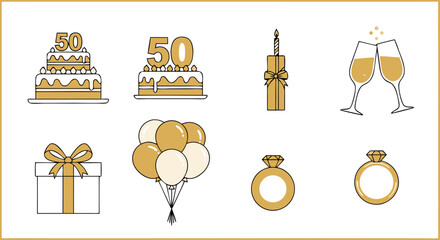 Fifty Year Jubilee Party and Celebration Icons. An elegant set of gold linear color symbols for a 50th wedding anniversary milestone event.