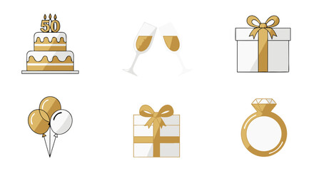 50th Golden Wedding Anniversary Icon Set. A collection of elegant linear color symbols for a fifty-year jubilee celebration party.