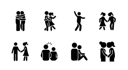 Man and Woman stick figure pictogram set showing love and romance. A collection of simple icons depicting couples dating, dancing, and interacting.
