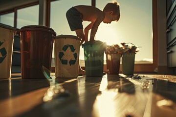 Young boy places waste paper into recycling bins near large window. Focused expression reflects environmental awareness and hope.