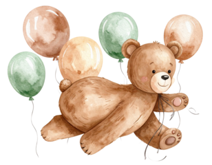 Hand Painted Watercolor Teddy Bear with Neutral Balloons PNG