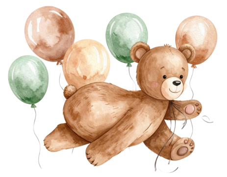 Hand Painted Watercolor Teddy Bear with Neutral Balloons PNG - Powered by Adobe