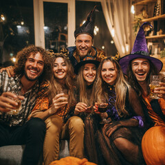 Halloween Family Gathering with Friends in Costumes, Generative AI
