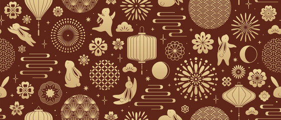 Seamless Mid-Autumn Festival Pattern with Rabbits Lanterns and Flowers.