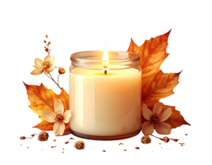Cozy Vanilla Candle with Autumn Leaves and Flowers PNG