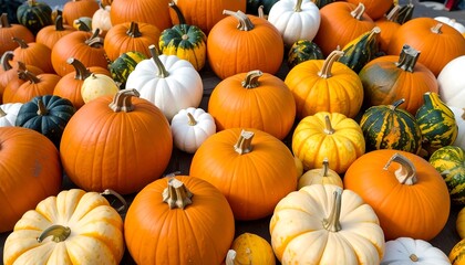 Pumpkins in various colors and sizes