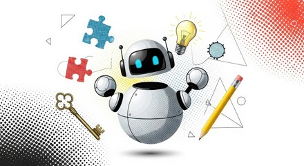Trendy Halftone Collage cute robot AI holding  lightbulb. Creative mind or brainstorm. Create creative idea concept. Business solutions. Think outside the box. Marketing time
