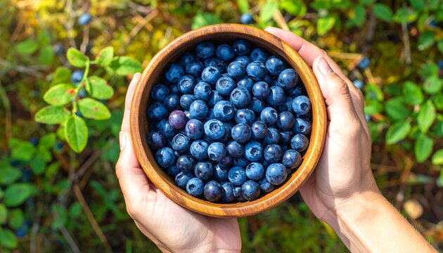 Freshly Harvested Blueberries in a Wooden Bowl Held in Human Hands - Powered by Adobe