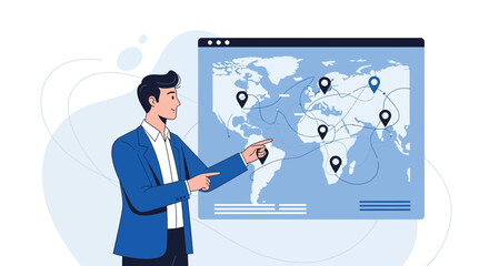 Business man analyzing world map with markers for global strategy and marketing