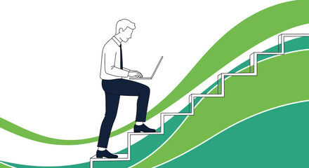 Fototapeta premium Business Professional Climbing Stairs Symbolizing Growth With Technological Integration