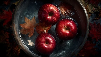 Ripe Red Apples Floating in Water, a concept on autumn harvest, natural beauty, and seasonal abundance.