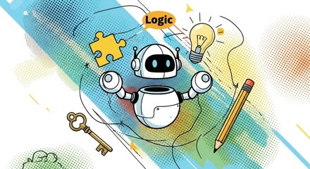 Trendy Halftone Collage cute robot AI holding  lightbulb. Creative mind or brainstorm. Create creative idea concept. Business solutions. Think outside the box. Marketing time