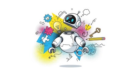 Trendy Halftone Collage cute robot AI holding  lightbulb. Creative mind or brainstorm. Create creative idea concept. Business solutions. Think outside the box. Marketing time