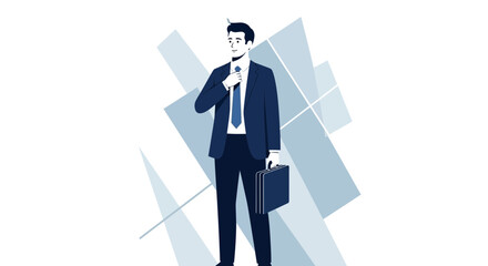 Fototapeta premium Business professional in a suit adjusting his tie with a briefcase and abstract background