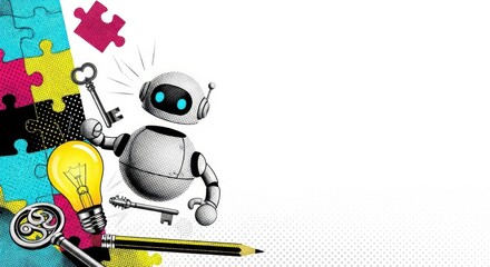 Trendy Halftone Collage cute robot AI holding  lightbulb. Creative mind or brainstorm. Create creative idea concept. Business solutions. Think outside the box. Marketing time