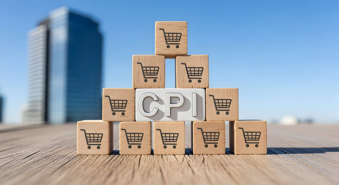 Business CPI data blocks with shopping carts and city skyline