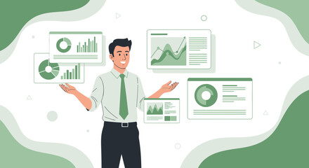 Business Professional Presenting Data Analysis Information on Modern Digital Interface