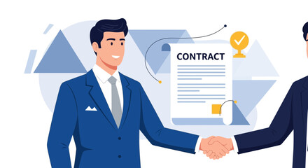 Business people shaking hands after signing a contract with an approving check mark