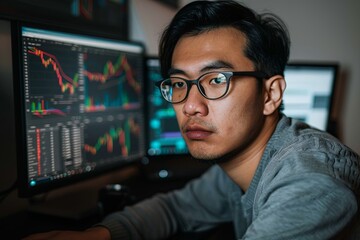 Focused Asian man wearing glasses analyzes multiple computer screens displaying financial charts in a dimly lit office. Intense concentration reflects professionalism and dedication to technology.