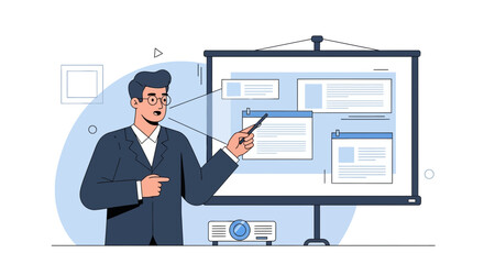 Business Presentation Made with Projector and a Man with Glasses Pointing at the Screen