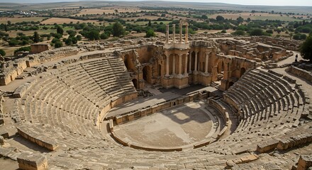 Ancient amphitheater ruins overview under daylight with empty seating