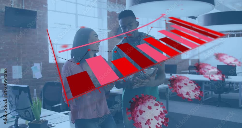 Wall mural coworkers glancing at tablets and scrolling red bar while monitoring virus icons and data trends