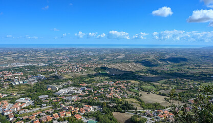 Fototapeta premium San Marino, panorama. View of the city, San Marino, the Italian coast and the Adriatic Sea.