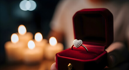 Heart diamond ring proposal in romantic candlelight setting