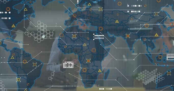 Manager tapping smartphone and launching data icons on world map showing stats for business meeting - Powered by Adobe