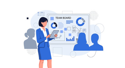 Business Team Meeting with a Presentation and Data Analysis Overview on a Board