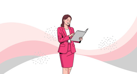 Business Woman in a Pink Suit Reading a Book with a Soft Abstract Background