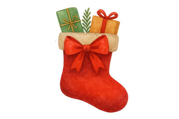Red christmas stocking with a fuzzy top and decorative red bow, holding wrapped presents and green fir sprigs