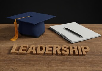 Leadership letters alongside graduation cap and notebook