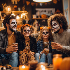 Halloween Family Gathering with Friends in Costumes, Generative AI
