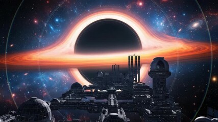 sprawling futuristic space city with domed structures and towers stands beneath colossal black hole encircled by vibrant orange-red accretion disk against star-filled cosmos - Powered by Adobe