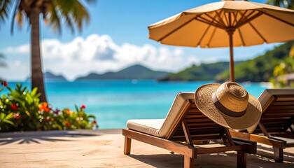 Obraz premium Tropical beach lounge chairs under a sun umbrella