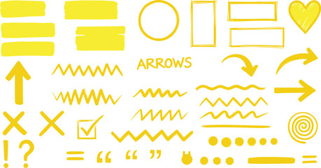 Collection of hand-drawn yellow design elements, arrows, and text highlights for visual emphasis