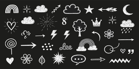 Collection of hand-drawn chalk doodle icons on a blackboard. Creative concept set with weather, nature, and abstract symbols
