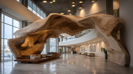 Organic Wood Sculpture Installation in Modern Building Interior