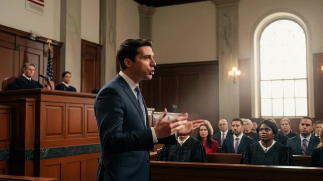 attorney in suit speaks intently gesturing before panel of judges and diverse jury in grand courtroom Ornate wood high windows and formal attire define the scene