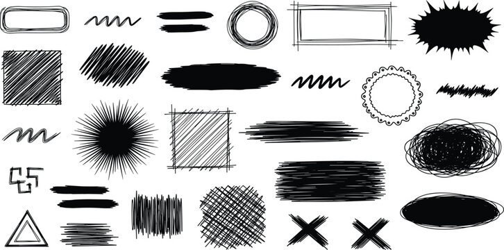 Artistic set of black ink doodle elements featuring hand-drawn scribbles, hatching textures, frames, and abstract shapes for creative projects
